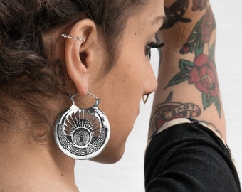 Cropcircle - Extra Large Earrings - Alien Earrings - UFO - Sacred Symbol - Cool Edgy Earrings - Big Earrings For Tunnels - Silver Hoop