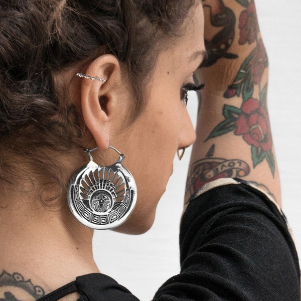 Cropcircle - Extra Large Earrings - Alien Earrings - UFO - Sacred Symbol - Cool Edgy Earrings - Big Earrings For Tunnels - Silver Hoop