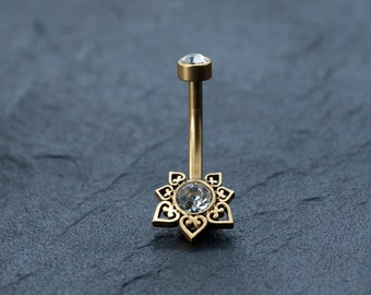 18K Gold Navel Ring, Crystal & CZ Belly Mandala Barbell, Hypoallergenic Discreet Piercing, Allergy-Friendly Body Jewelry