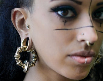 Circle weights, Heavy ear weights, Ear hangers, Gold ear gauges, 2 gauge ears, Ear stretching, Stretched lobes, Stretcher earrings