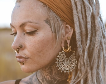 Extra Large Goth Earrings | Spike Earrings | Gold Brass Alternative Earrings | Ethnic Mandala Hoop Earrings | Alternative Shaman Earrings