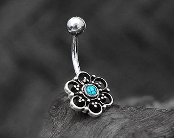 Turquoise Belly Ring, Curved Barbell Lotus flower, Mandala Silver Belly Bar, Belly Button Rings Stomach Jewelry Piercing, Navel jewelry