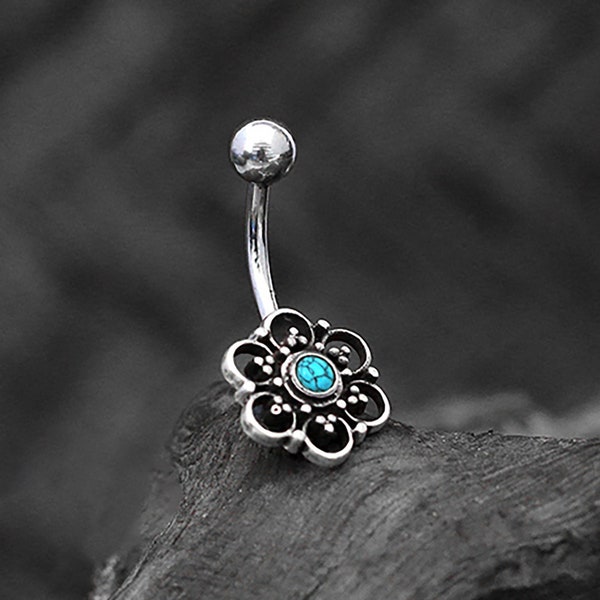 Turquoise Belly Ring, Curved Barbell Lotus flower, Mandala Silver Belly Bar, Belly Button Rings Stomach Jewelry Piercing, Navel jewelry