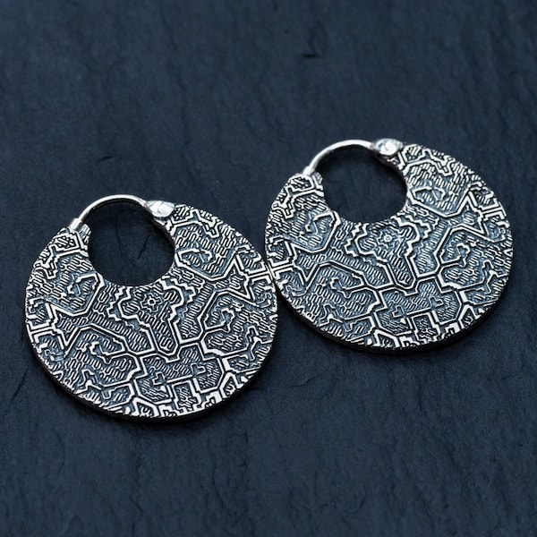 Petites créoles argent, Ayahuasca, Chamanique, Boucles d'oreilles géométriques, Shipibo, Boucles d'oreilles disque, Psychédélique