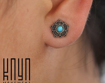 Lotus Flower Sun Tiny Stud Earrings Turquoise Jewelry - Gold Huggie Earrings - Mandala Unique Stud Earrings
