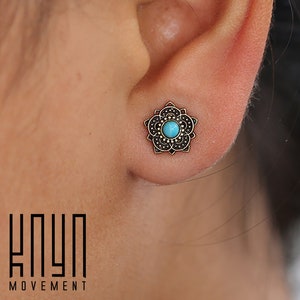Lotus Flower Sun Tiny Stud Earrings Turquoise Jewelry Gold Huggie Earrings Mandala Unique Stud Earrings image 1
