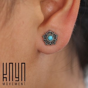 Lotus Flower Sun Tiny Stud Earrings Turquoise Jewelry Gold Huggie Earrings Mandala Unique Stud Earrings image 1