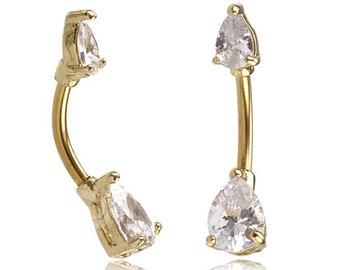 Piercing de ombligo sexy con circonitas en acero quirúrgico chapado en oro de 18k - Barra piercing de ombligo Swarovski - Piercing de ombligo con piedra de circonita