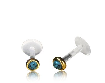 Turquoise labret - Flat back cartilage earring - Lip stud - Gold tragus earring - Labret jewelry - Medusa - Tragus Piercing - Conch Piercing