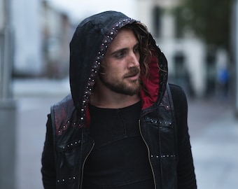Punk sleeveless black Leather jacket studded for men - Motorbike Black distressed leather jacket