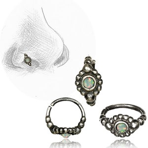 Opal nose ring - Silver nose hoop - Sterling silver septum ring - Rook piercing jewelry - Tragus piercing - Helix piercing 20g - 0.8mm