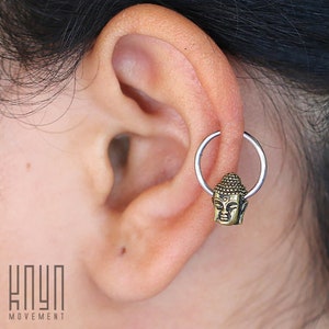 Buddha Hoop earrings with charm Body Jewelry Small Hoop Septum Nipple Piercing Nipple jewelry Buddha head 18g, 16g, 14g image 2