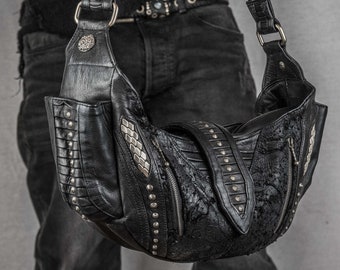 Durable Studded Leather Hobo Bag | Witch Goth Purse | Grunge Off Shoulder Bag | Dark Fashion Punk Crossbody Handbag | Bag with Buckle Rivets