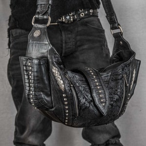 Durable Studded Leather Hobo Bag | Witch Goth Purse | Grunge Off Shoulder Bag | Dark Fashion Punk Crossbody Handbag | Bag with Buckle Rivets