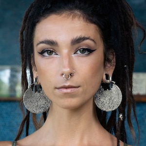 Shipibo, Extra Large Geometric Earrings, Psychedelic Jewelry, Trippy Gold Statement Earrings for Tunnels, Disc Earrings, Shamanic Jewelry