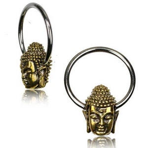 Buddha Hoop earrings with charm Body Jewelry Small Hoop Septum Nipple Piercing Nipple jewelry Buddha head 18g, 16g, 14g image 1