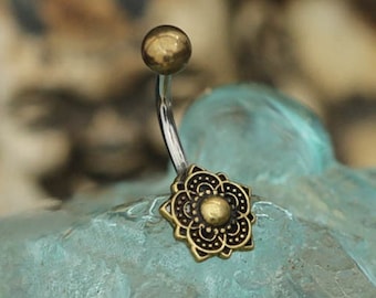 Piercing Navel Golden Lotus Flower - Low Navel Piercing Mandala Barbell Surgical Steel 8mm - Belly Piercing Om