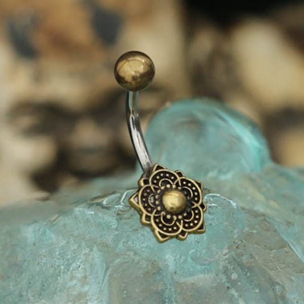 Belly Button Jewelry - Gold Navel Ring - Mandala - Tribal Jewelry - Belly Button Rings - Stomach piercing - Lotus flower - 14g
