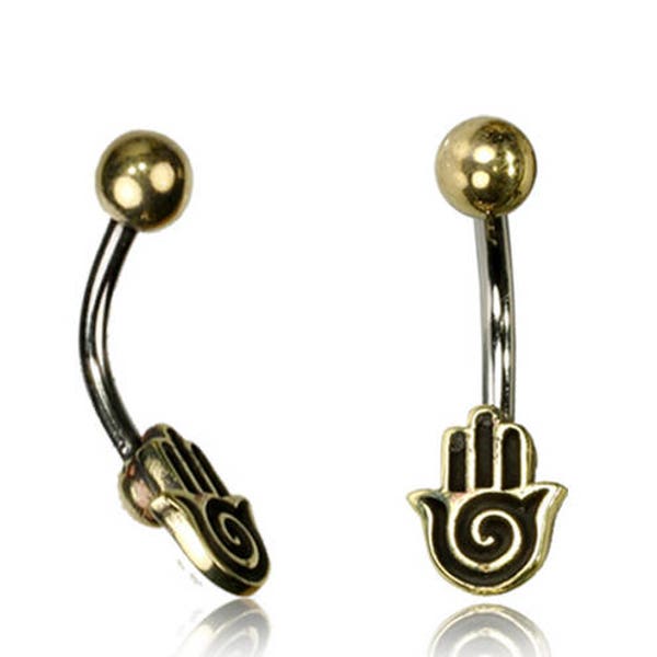 Curved Barbell 8mm Khamsa Hand - Gold Belly Button Jewellry Navel Ring - Stomach piercing