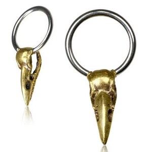 Gold Crow Raven Skull Hoop Earrings With Charm Men Nipple Piercing, Septum, Helix, Daith, 18g-16g-14g image 2