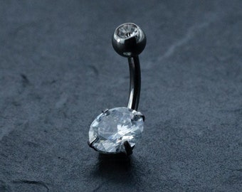 Hypoallergenic Crystal Zircon Belly Ring - Discreet CZ Navel Piercing - Allergy-Friendly Silver Steel Belly Button Jewelry