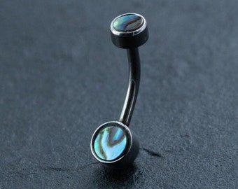 May include: A silver belly button ring with two round iridescent blue abalone shell accents.