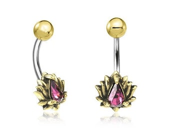 Purple Crystal Gold navel ring in a Teardrop Lotus flower - Belly button jewelry piercing