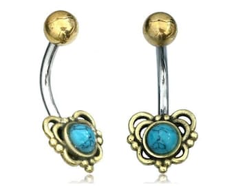 Sunflower Turquoise belly button rings - Small Gold belly bars Piercing - Curved 8mm barbell - Cute navel ring