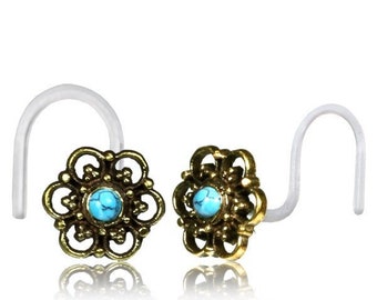 Turquoise Gemstone In A Gold Flower Nose Stud 20g - Indian Stud Screw Piercing