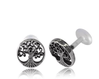 Tree Of Life Silver 925 Flat Back Tragus Cartilage Earring - Lip Stud - Labret - Conch - Medusa Piercing jewelry