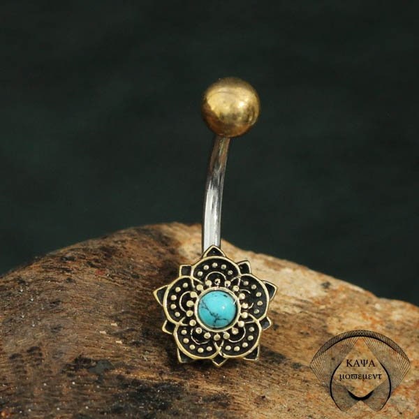 Turquoise Belly Ring, Curved Barbell Lotus flower, Mandala Gold Belly Bar, Belly Button Rings Stomach Jewelry Piercing, Navel jewelry