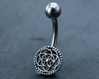 Silver Mandala Belly Button Rings, 9mm Curved Barbell, Surgical Steel Navel Piercing, Boho Belly Ring