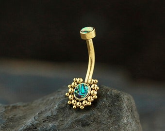 Solis Navel Piercing - Geometric Golden Design - Boho Shine with Abalone Shell