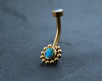 18k Navel Piercing & Gold Navel Ring: Sexy Belly Jewelry, Hypoallergenic, Boho-Chic Style, Abalone Shell Rings, Discreet Body Jewelry