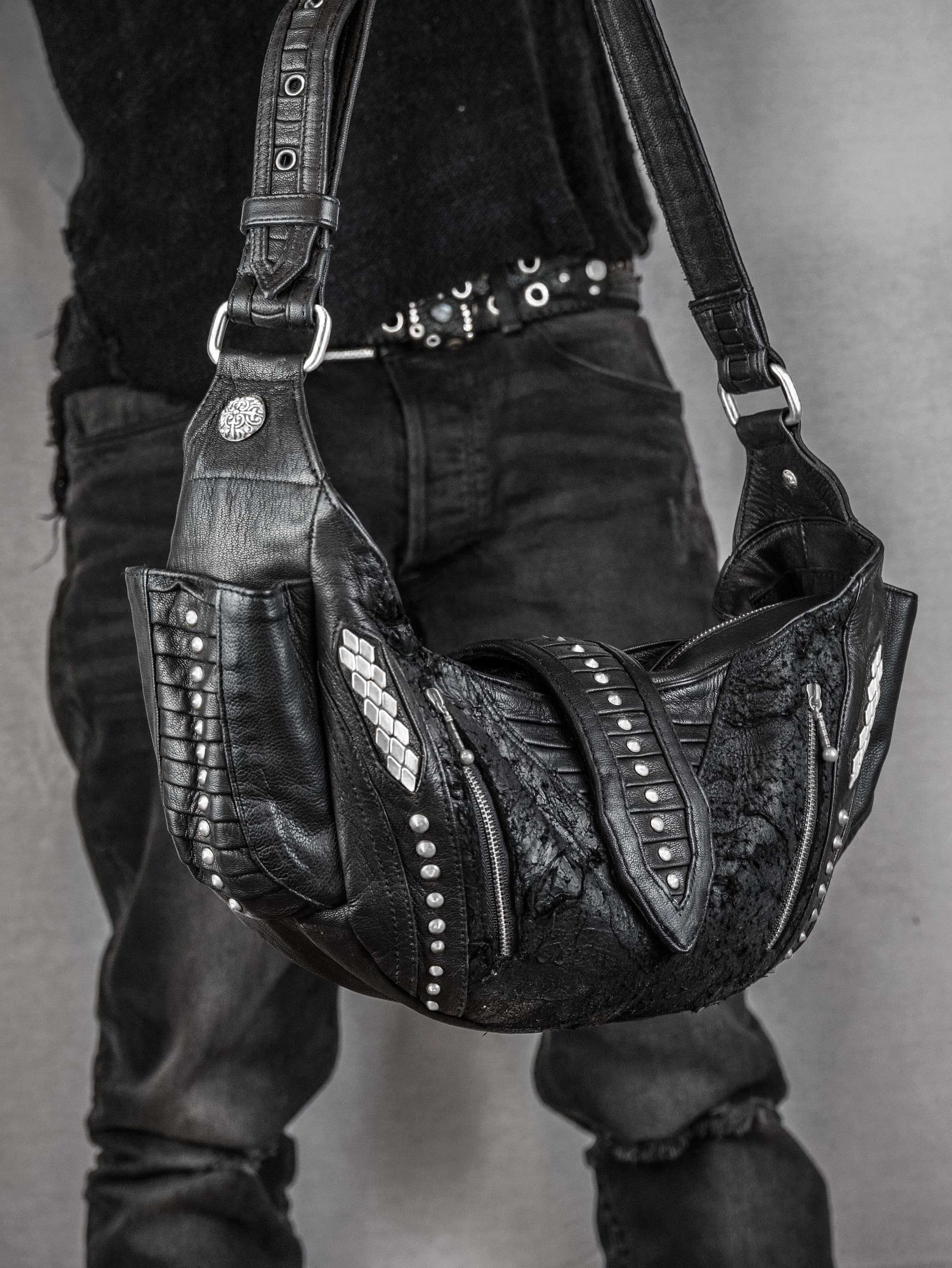 Gothic Punk Rock Leather Shoulder Bag | Silver Studded
