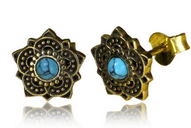 Lotus Flower Sun Tiny Stud Earrings Turquoise Jewelry Gold Huggie Earrings Mandala Unique Stud Earrings image 2