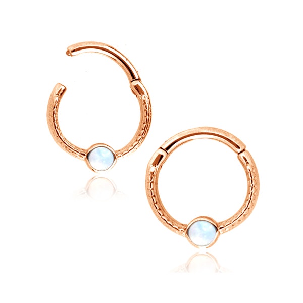 Rose Gold Opal Hinged Septum Nose Ring Clicker - 8mm Rook Piercing Jewelry 16g - Daith - Helix