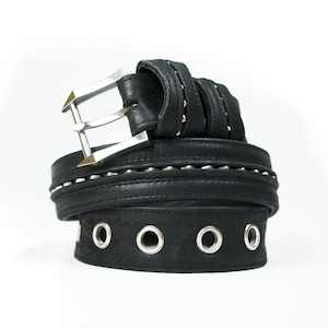 Moto Biker Belt – Spiked Leather Belt with Silver Buckle – Black Punk Belt for Festival and Streetwear Style