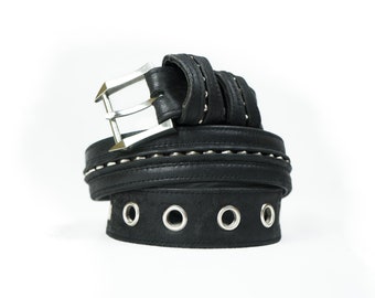 Studded black leather belt mens - Silver stylish metal belt buckles - Spiked punk belt wide