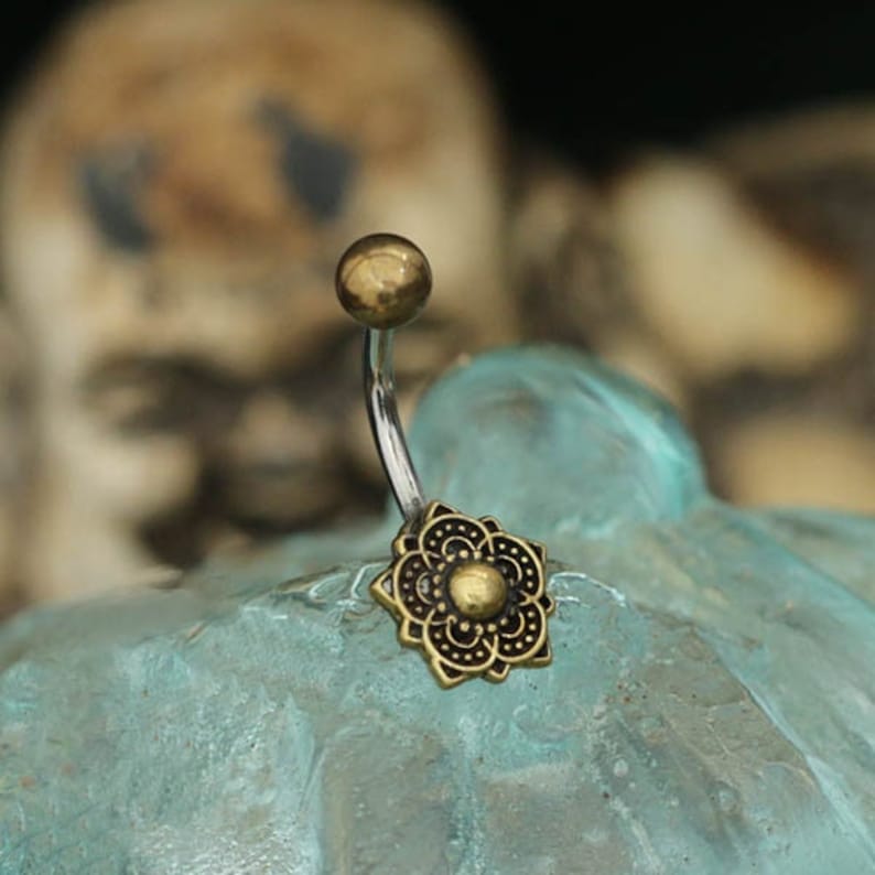 Belly Button Jewelry Gold Navel Ring Mandala Tribal Jewelry Belly Button Rings Stomach piercing Lotus flower 14g image 1