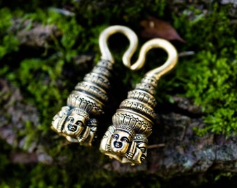 Gold Buddha Ear Weights - Keyhole 6 Gauge Earrings - Tribal Brass Jewelry Ear Hanger Earring - Angkor Plugs