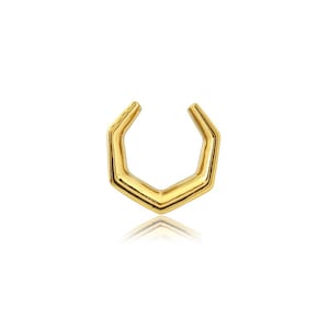 May include: Gold hexagonal ear cuff. The cuff is open and has a simple design.
