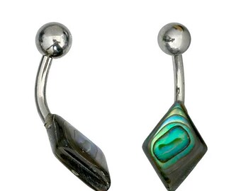May include: A pair of silver belly button rings with a black and green abalone shell design.