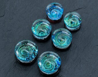 Handmade Blue Cosmic Ear Plugs - Unique Celestial Body Jewelry for Stretching - Spiral Gauges, Double Flare Tunnels, 12mm-16mm Flesh Plugs