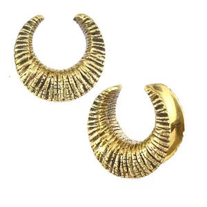 May include: Two gold-coloured metal ear gauges shaped like a crescent moon with a textured surface.