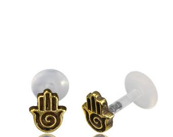 Khamsa hand - Flat back cartilage earring - Lip stud - Gold tragus earring - Labret jewelry - Conch piercing - Tragus Piercing - Medusa