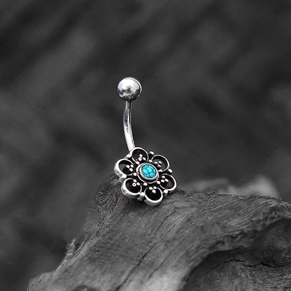 316L Surgical Steel & Brass Turquoise Lotus Flower Belly Ring 316L Surgical Steel & Brass Turquoise Lotus Flower Belly Ring