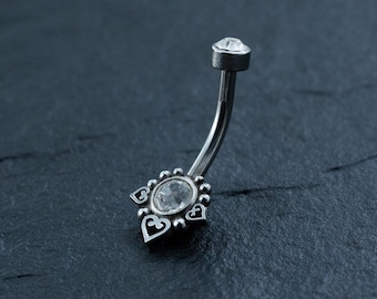 Hypoallergenic Crystal Zircon Belly Ring - Discreet CZ Navel Piercing - Allergy-Friendly Silver Steel Belly Button Jewelry