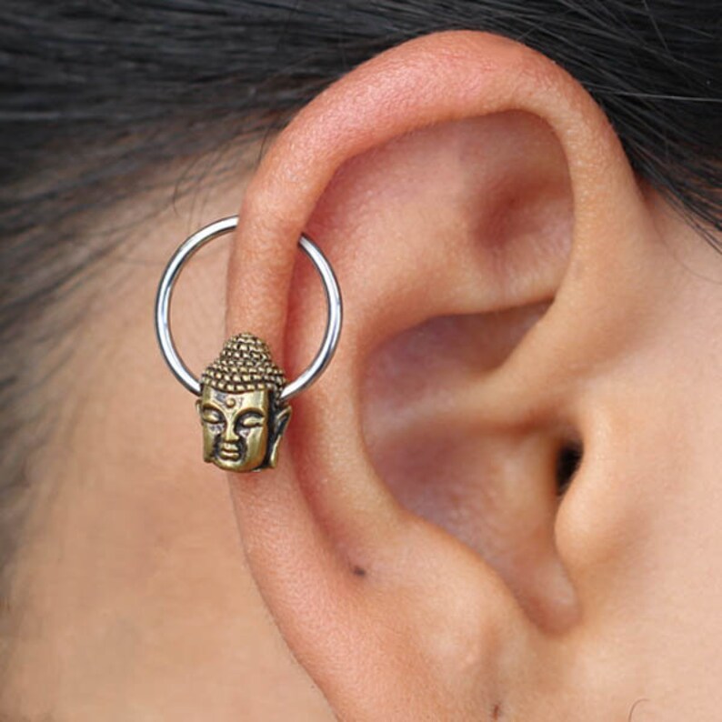 Buddha Hoop earrings with charm Body Jewelry Small Hoop Septum Nipple Piercing Nipple jewelry Buddha head 18g, 16g, 14g image 6