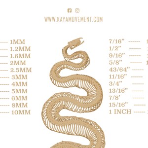 May include: A chart showing the different gauge sizes for jewelry, with corresponding measurements in millimeters and inches. The chart is illustrated with a skeletal image of a snake.
